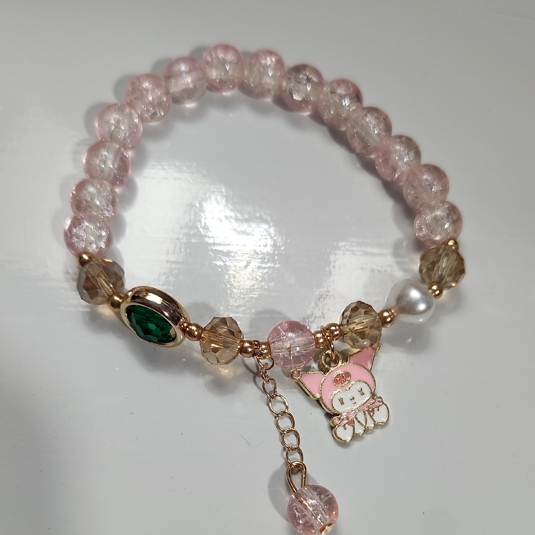 Handmade Elastic Sanrio Kuromi Charm Bracelet With Pink And Gold Crystal Beads 25$